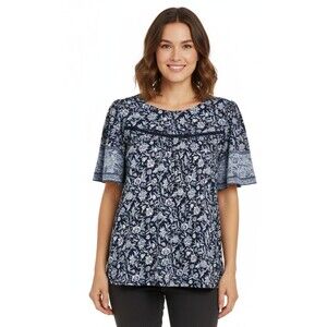 Lucky Brand Boho Floral Flutter Sleeve Top Blue Large Cotton Modal EUC